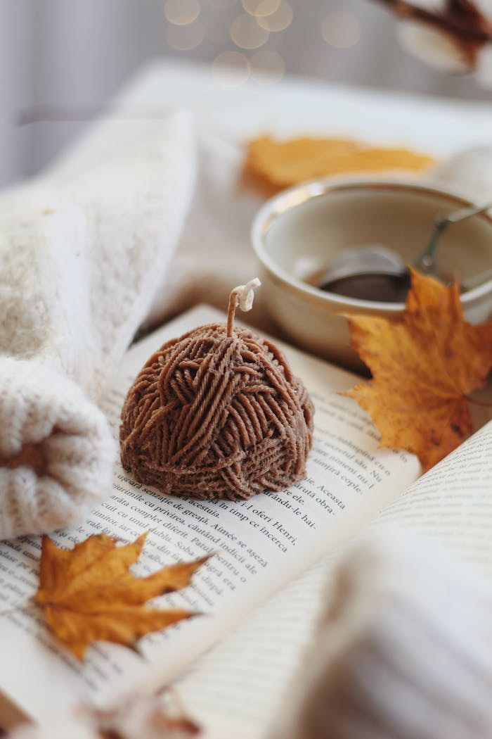 Warm autumn still life scene with a book, knitted pumpkin, and fallen leaves.